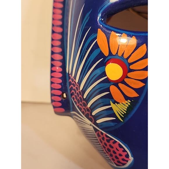 Vintage 1980s Mexican Redware Mask Hand Painted Hand Made Talavera Folk Art - Picture 10 of 12
